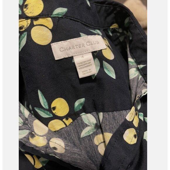 Charter Club Lemon Print Collared Button Down Shirt Dress Pleated Dark Blue Wome - Picture 3 of 6